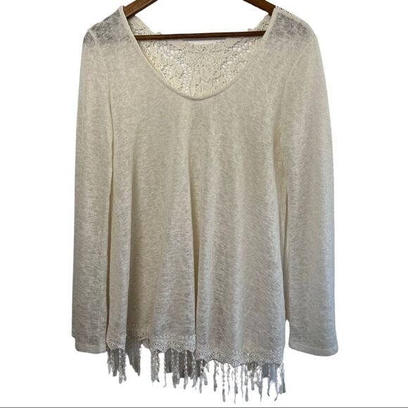 Venus Creamy White Sweater Crochet Lace V Back Fringe Bottom Bell Sleeves Small - Picture 1 of 8